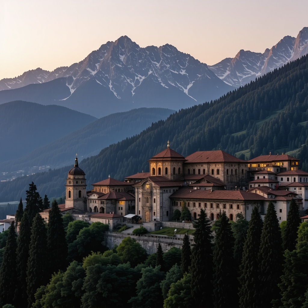 Rila Monastery surrounded by mountains at sunset showcasing Byzantine frescoes and peaceful nature