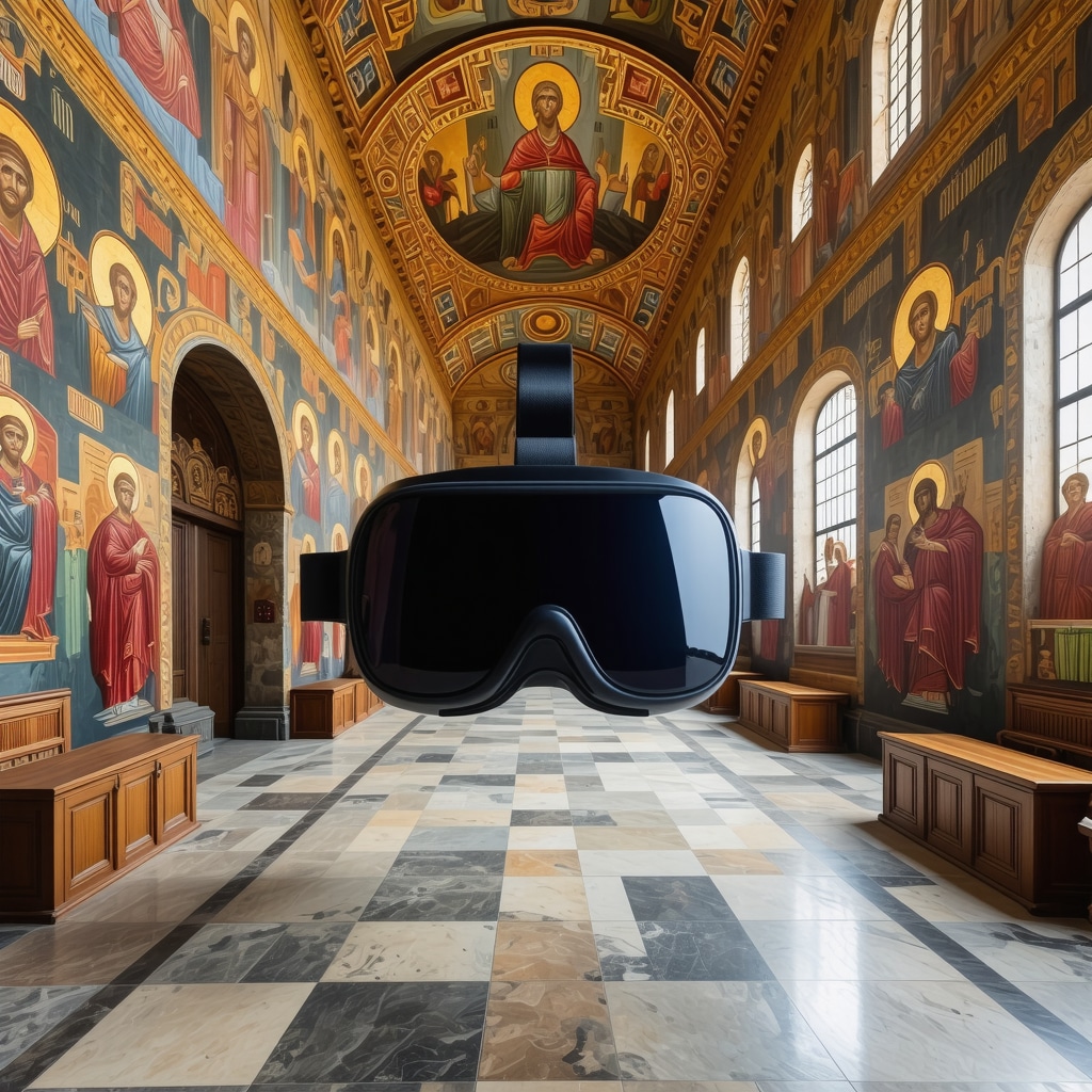 Rila Monastery interior with Orthodox icons and virtual reality technology overlay