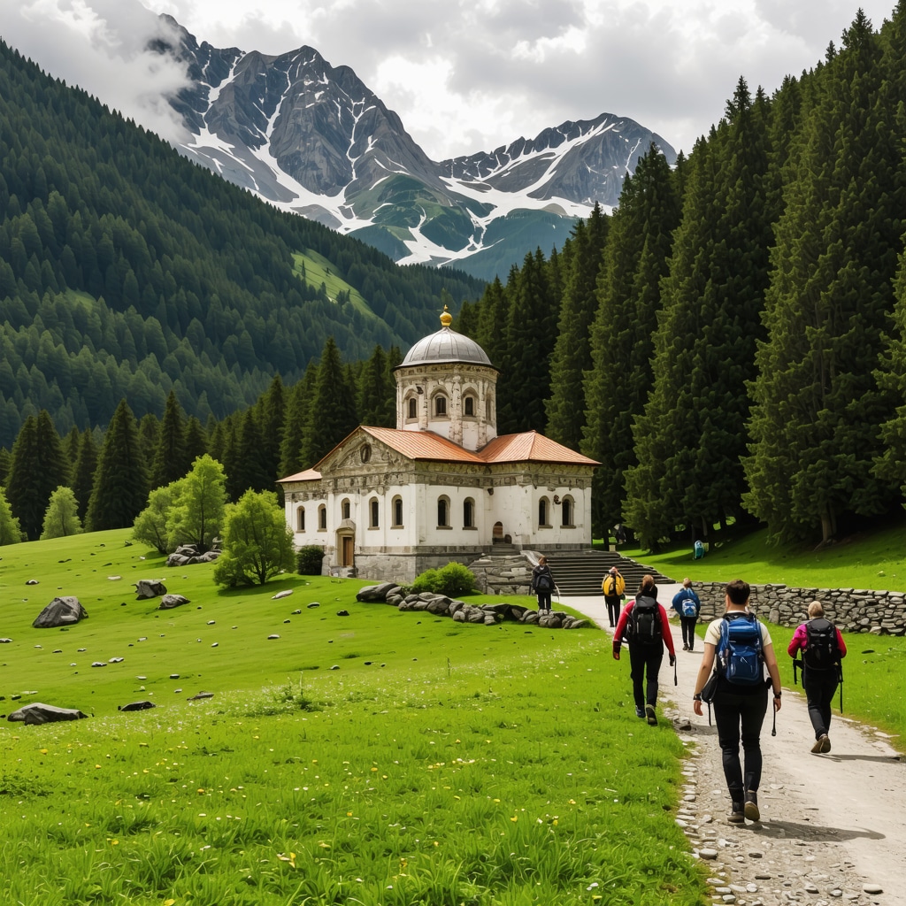 Rila Monastery nestled in green forested mountains with hikers on sustainable trails