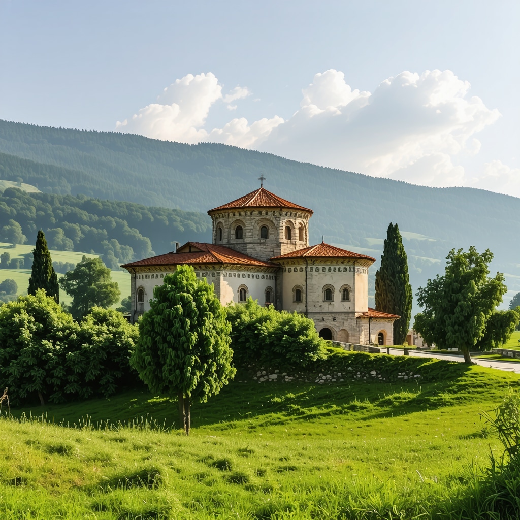 Panoramic view of Rilski samostan with detailed frescoes and green mountains in 2024