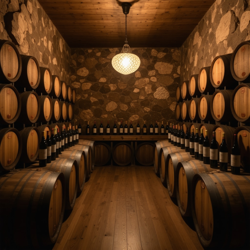 Traditional Romanian wine cellar interior with wooden barrels and local wines in Bucharest