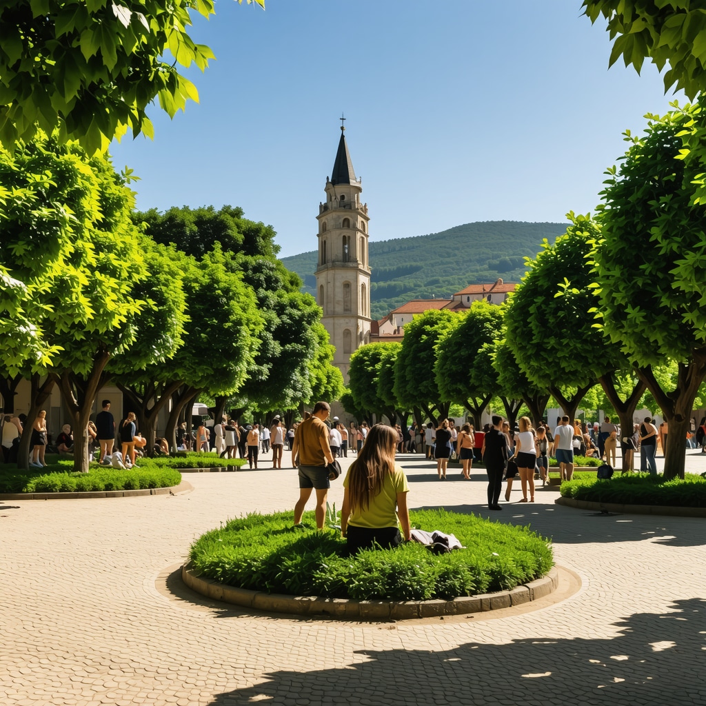 Urban green park in Sarajevo showing people enjoying sustainable activities amidst historical and modern architecture