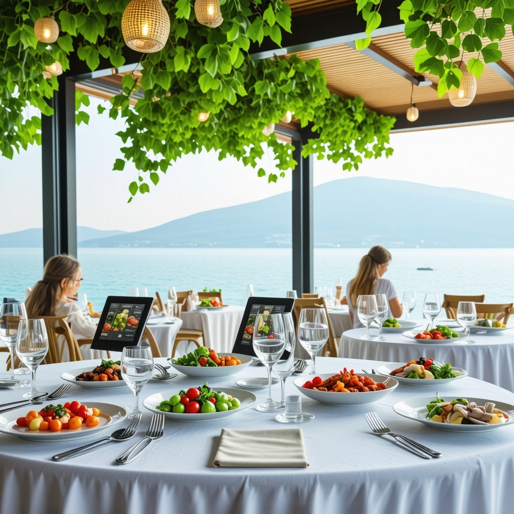 Seaside restaurant in Saranda promoting sustainable local dishes with digital menus