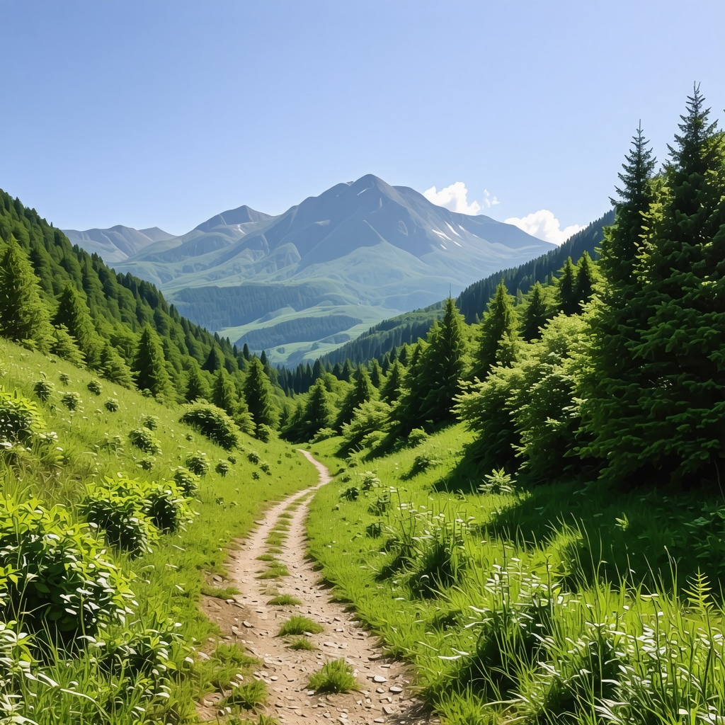 Hiking trail in Tara mountains surrounded by lush green forests and clear skies