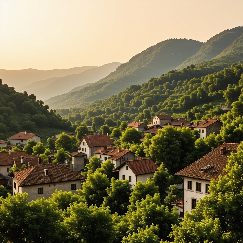 Historic buildings of Peć with Prokletije mountains in the background during sunset