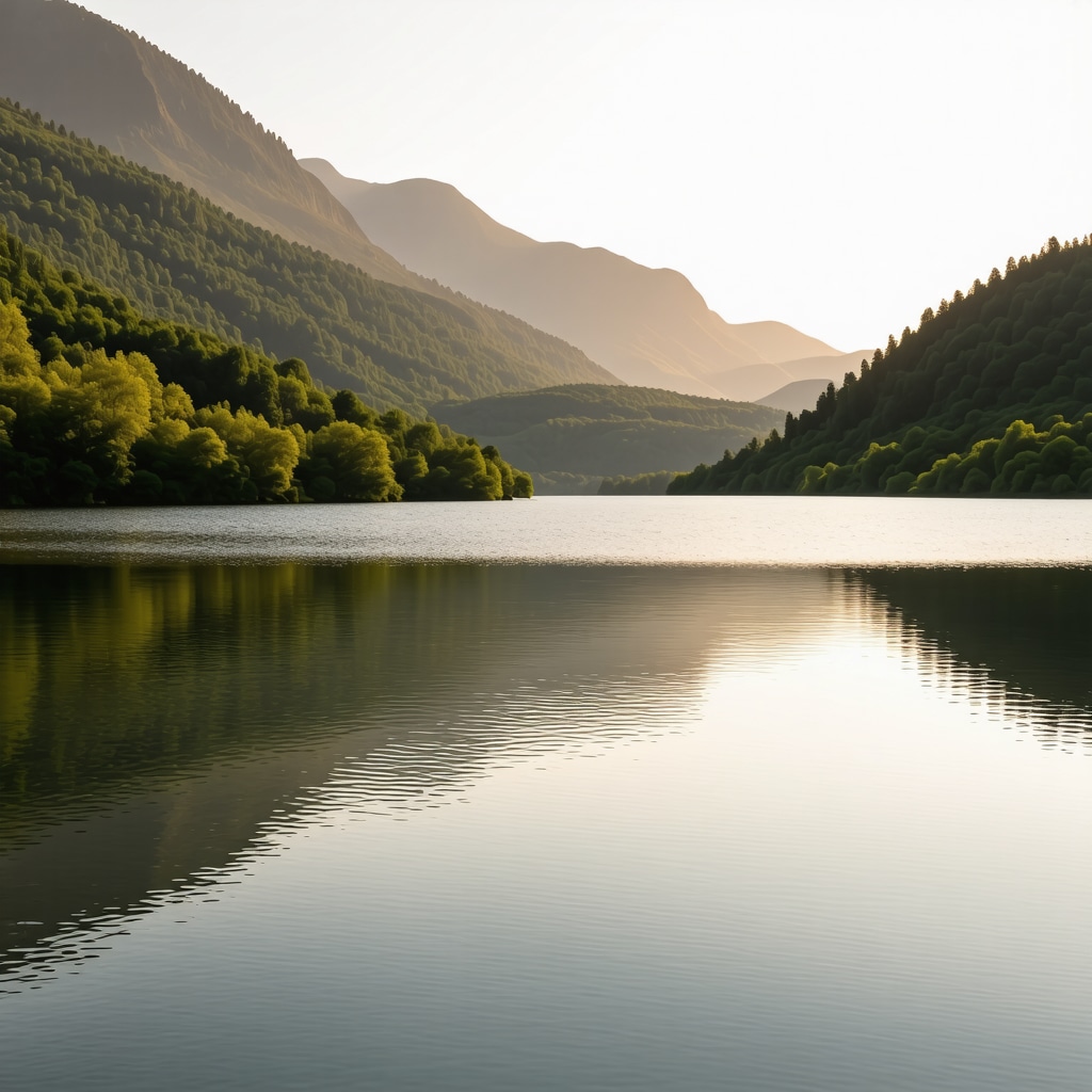 Peaceful lakeside view of Ohridsko jezero surrounded by green hills at sunrise