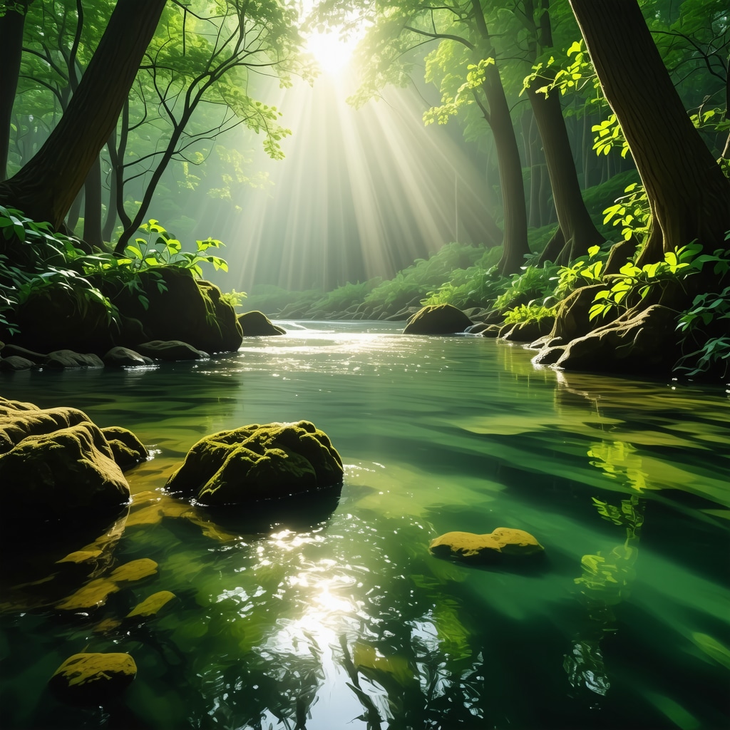 Clear water flowing from Vrelo Bosne spring surrounded by lush green forest with soft sunlight filtering through trees