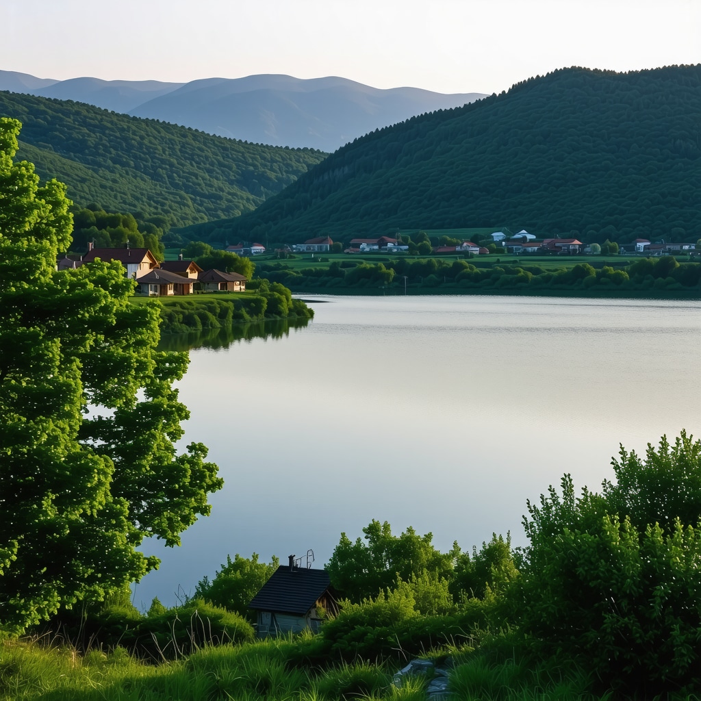 Ohridsko Lake surrounded by green hills and traditional houses at sunset showing natural beauty and cultural heritage