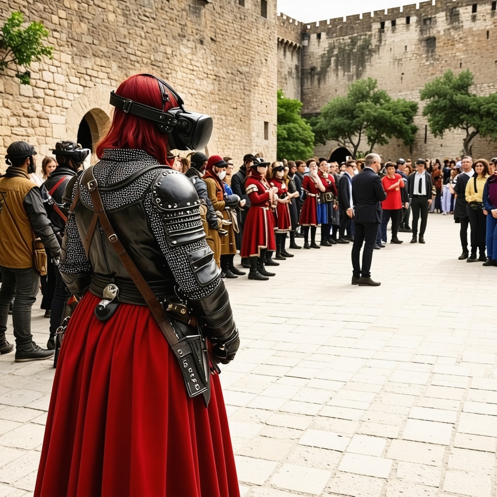 Visitors at Sighișoara Festival 2024 wearing medieval costumes and using VR headsets inside the historic citadel