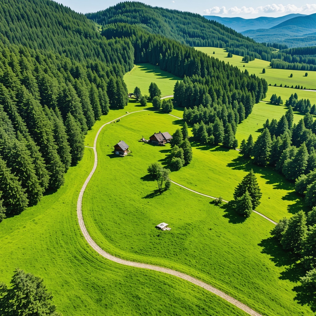 Aerial landscape of Sjenica's Pešterska plateau featuring hiking trails, traditional farms, and sustainable tourism infrastructure