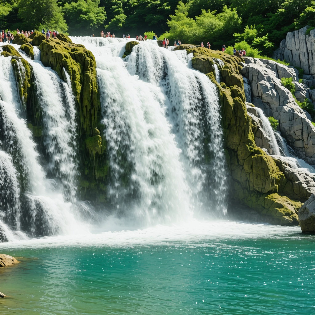 Panoramic view of Skradinski buk waterfall with visitors on hiking trails in Krka National Park