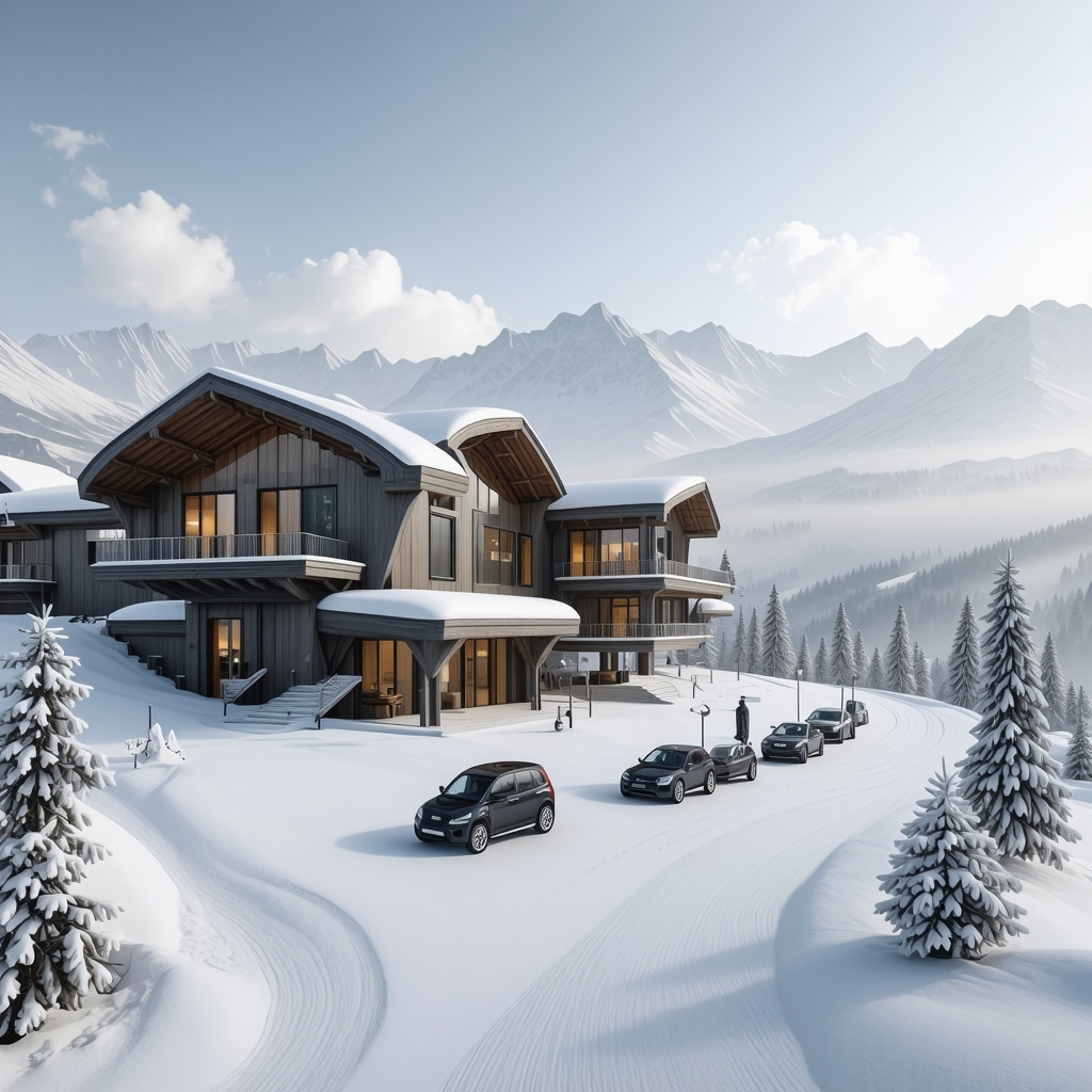 Modern ski resort in Bansko with smart technology and electric vehicles amidst snowy mountains
