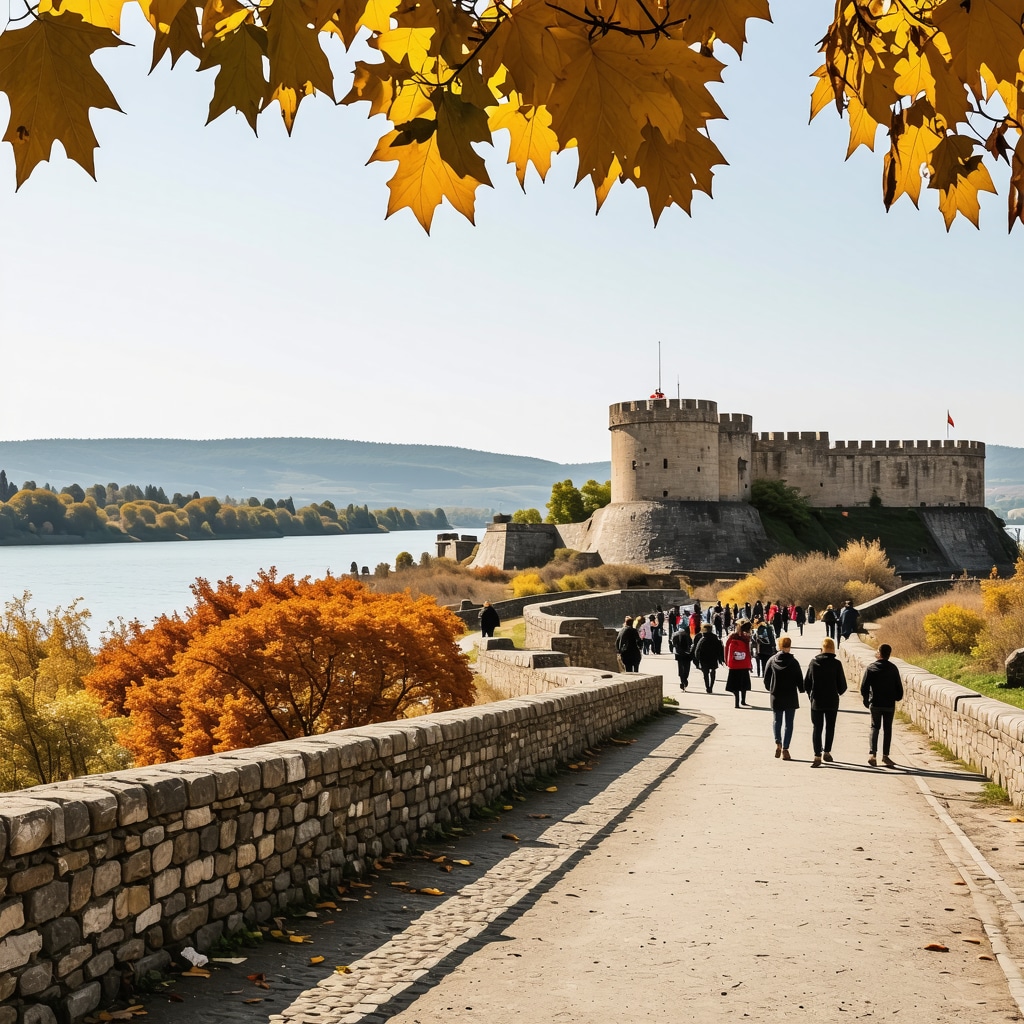 Smederevo Fortress overlooking the Danube River surrounded by autumn foliage with visitors walking around