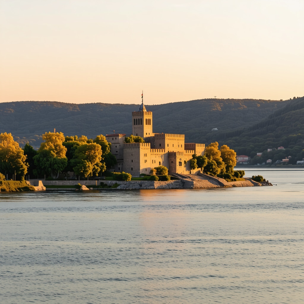 View of Smederevo Fortress on the Danube river during sunset, showcasing historical and natural beauty