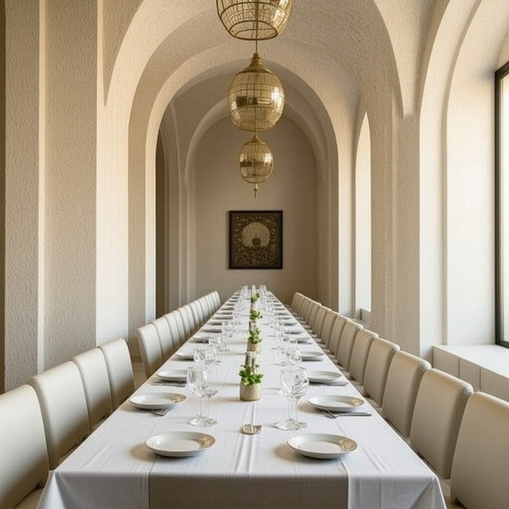 Elegant dining area in Thessaloniki with Byzantine architectural elements and modern plated Greek food