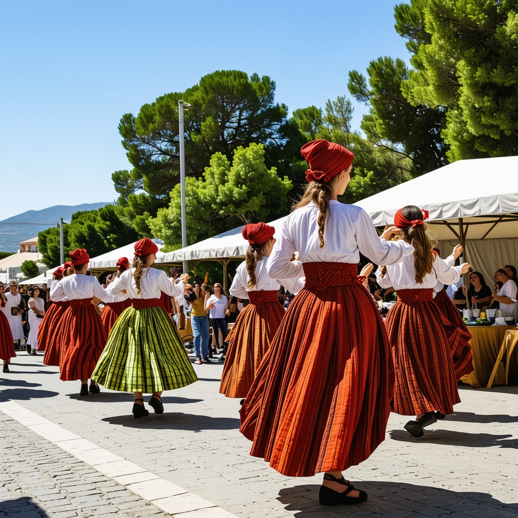 Traditional dancers in colorful costumes performing at a vibrant outdoor spring festival in Volos surrounded by lush greenery and local food stalls