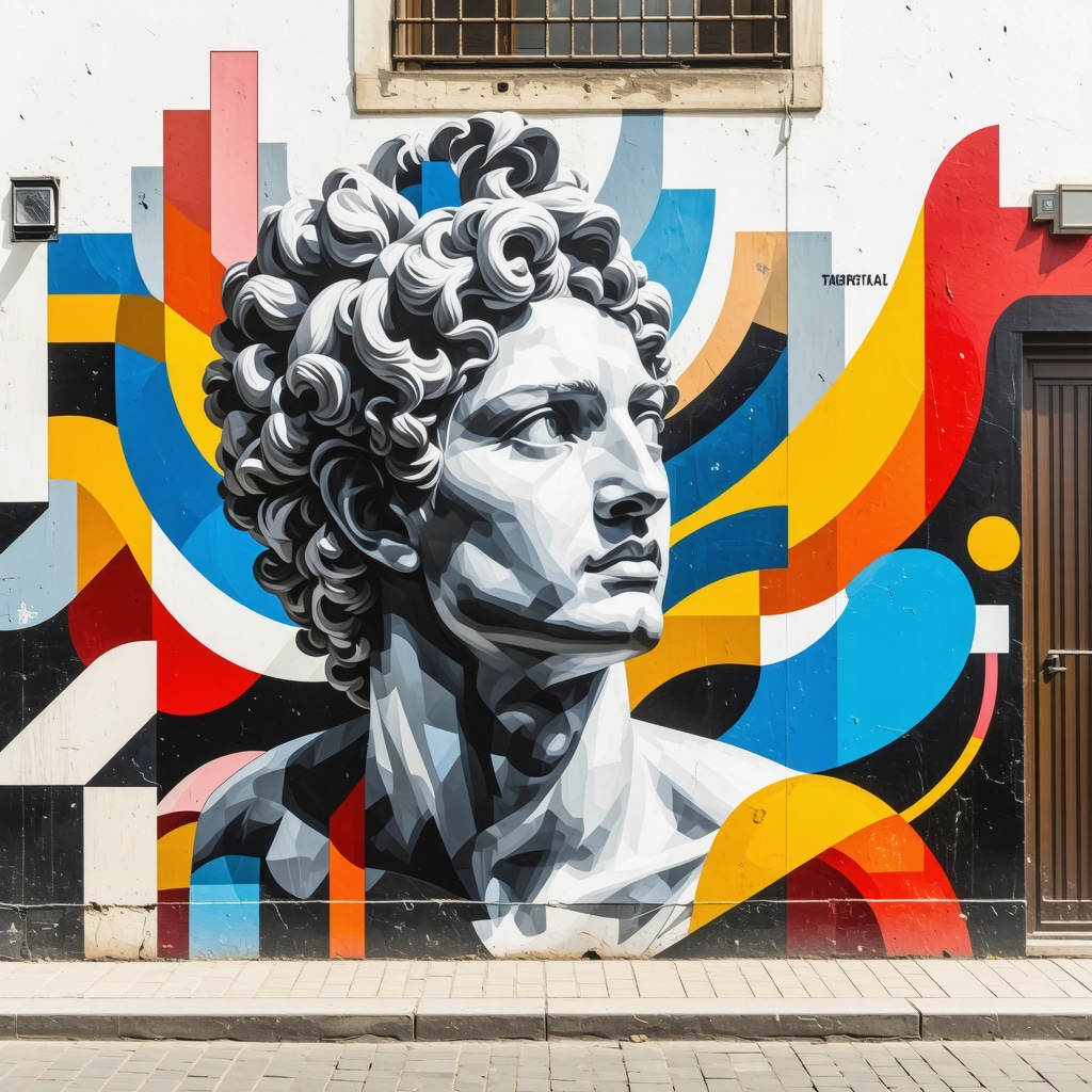Colorful street art mural in Athens combining ancient Greek symbols with modern urban art