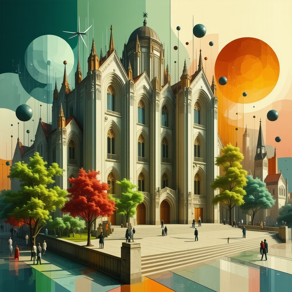 Digital art of Subotica architecture blended with VR and green energy icons symbolizing sustainable and innovative festivals in 2024