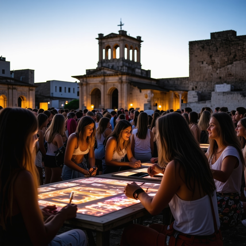 People enjoying digital art installations and workshops near Roman ruins in Pula during summer
