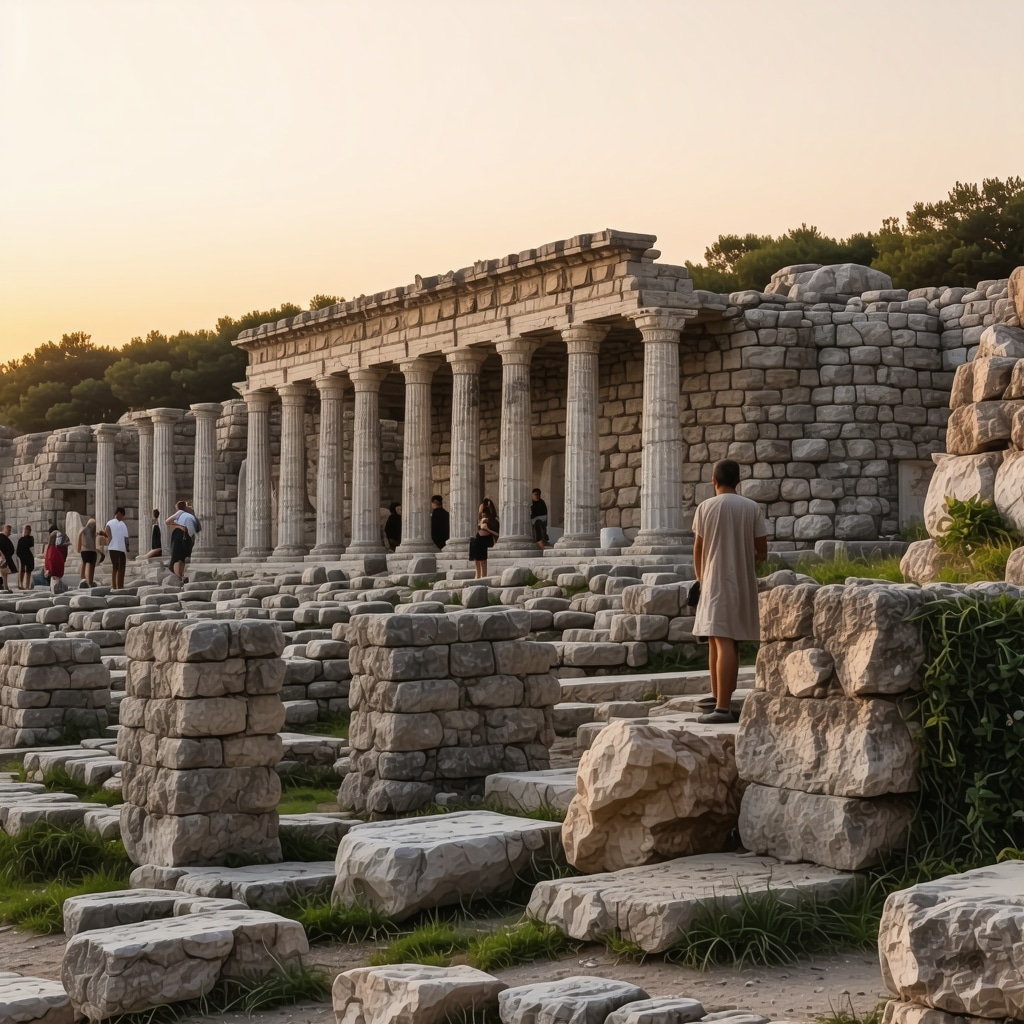 Visitors exploring ancient ruins of Apollonia at sunset with cultural event ambiance