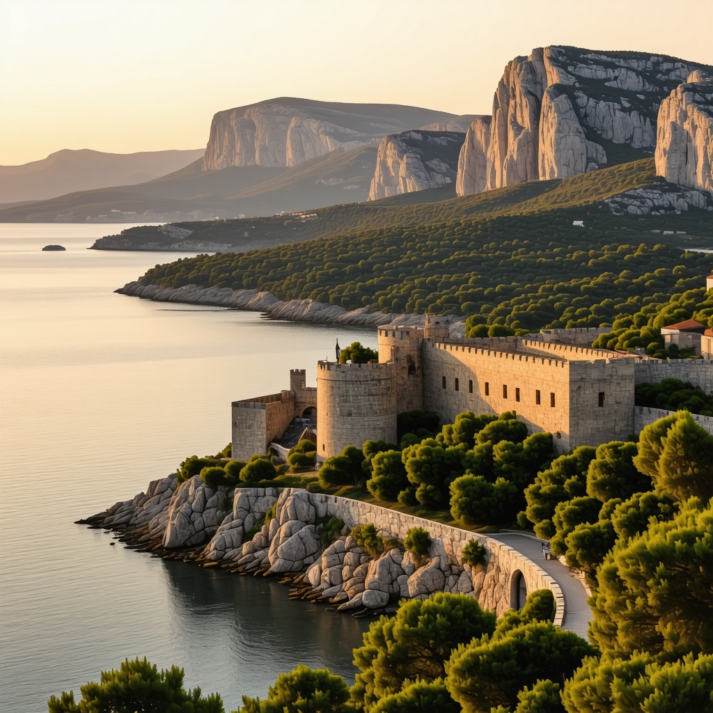 Sunset over Omiš fortress and Adriatic Sea showing natural and historical landscape