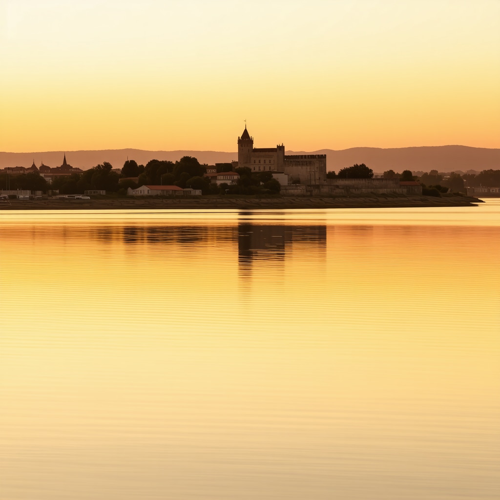 Sunset over Smederevo fortress and Danube river with golden reflections