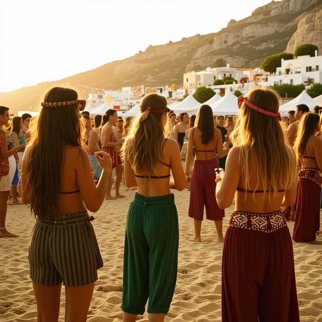 Crowd enjoying sustainable festival with traditional music and eco-friendly decorations on Mykonos beach at sunset