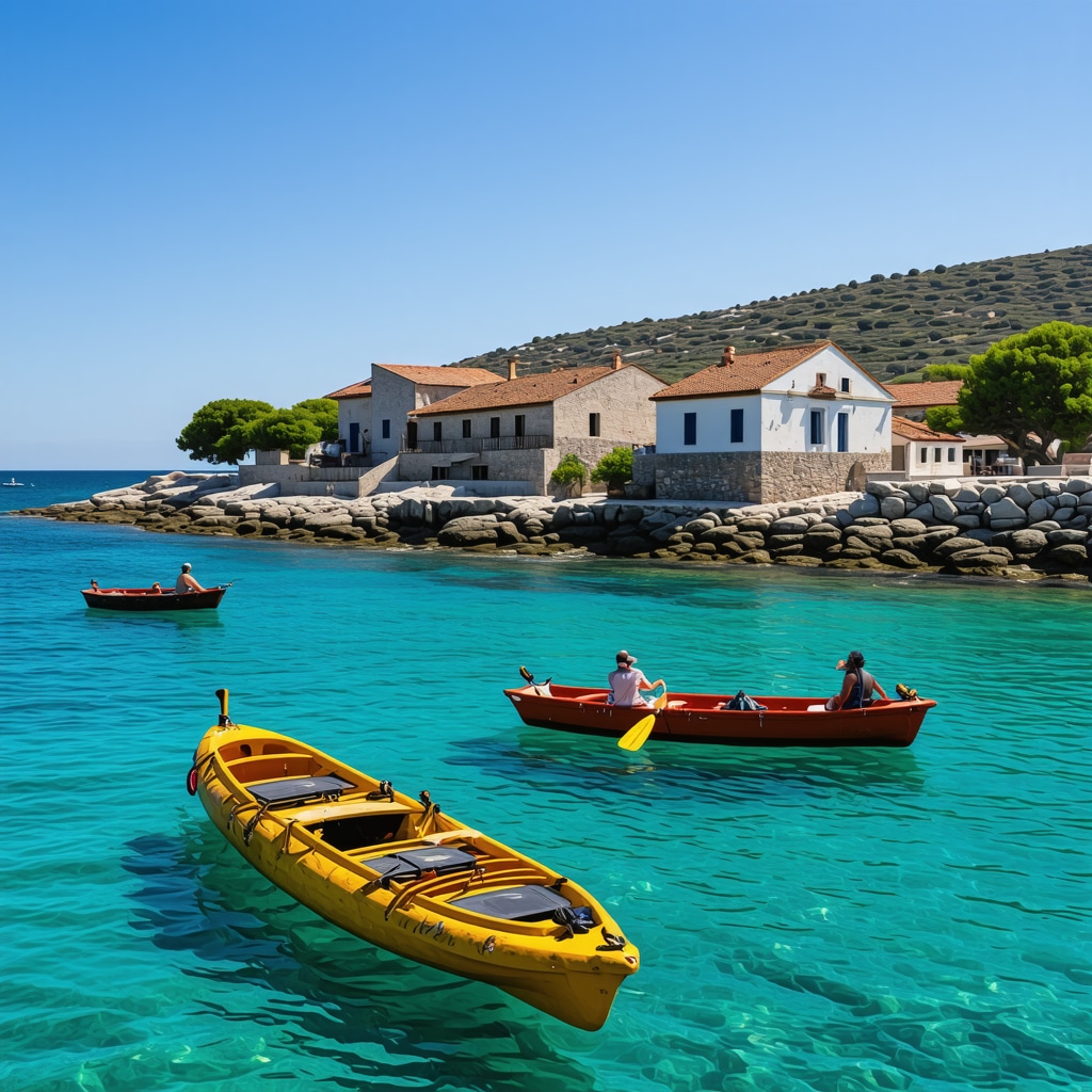 Traditional Albanian coastal village in Ksamil with tourists engaging in eco-friendly activities and fishermen by turquoise waters