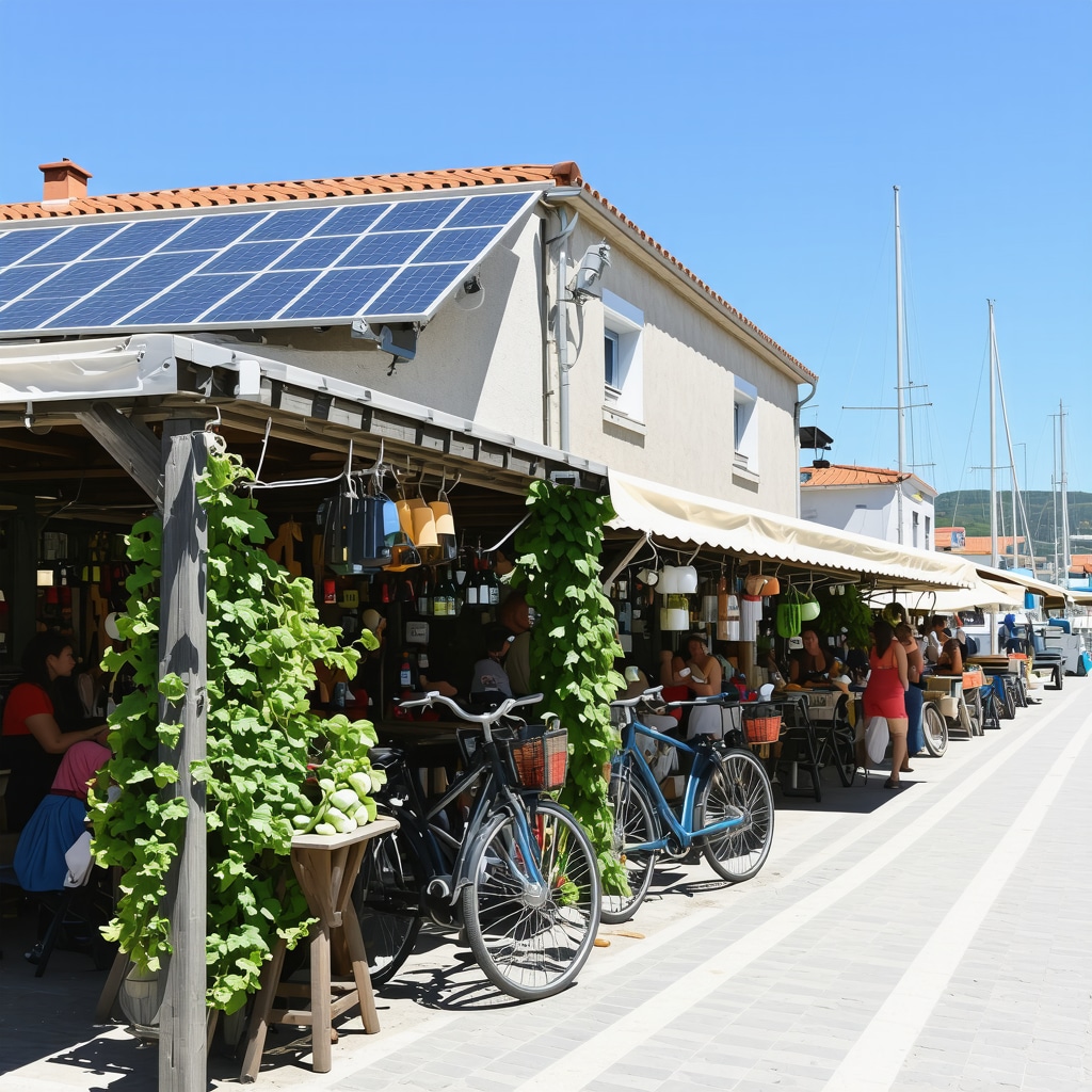 Solar panels on buildings, electric bicycles, and local market in Biograd na Moru under the Adriatic sun