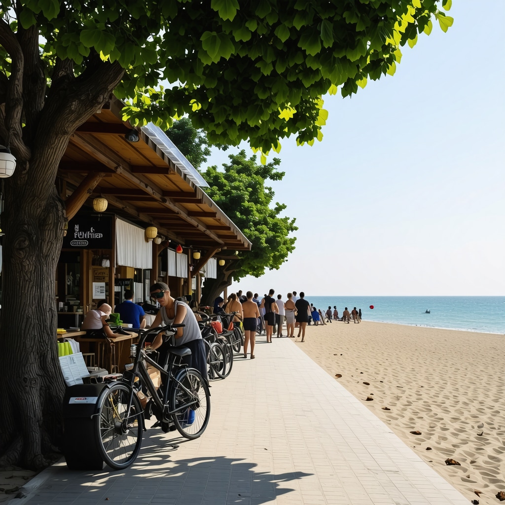 Mamaia coastline with eco-friendly tourism features including solar panels, electric bikes, and tourists at a traditional craft workshop