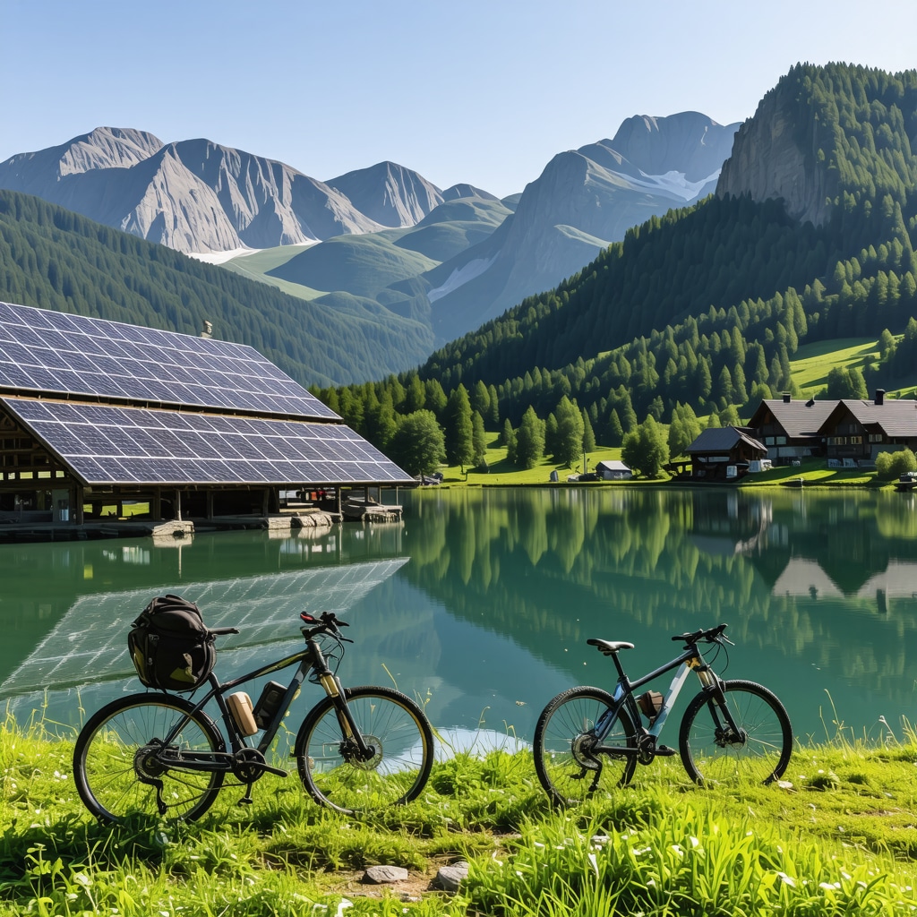Alpine landscape of Bohinj showing sustainable tourism elements such as solar panels, eco-friendly bicycles, and clear lake with hikers and local farmers
