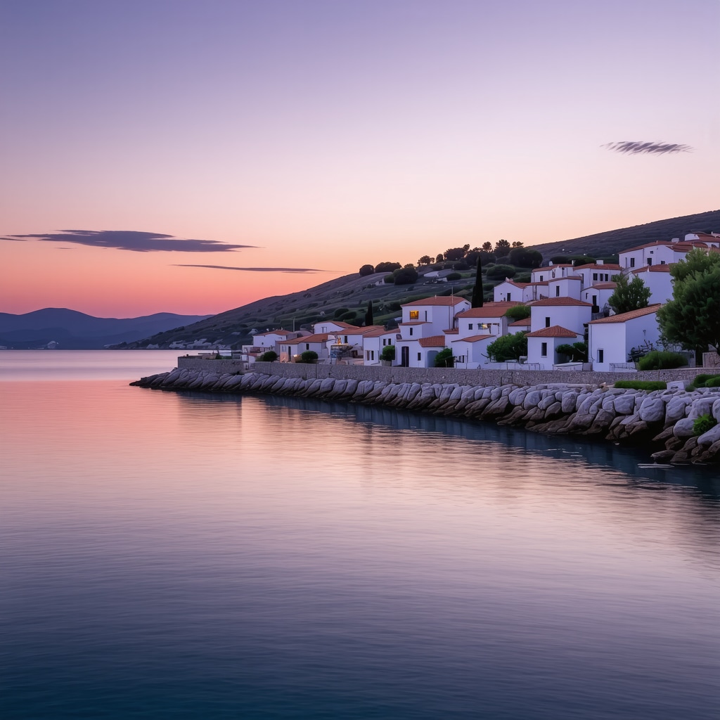 Coastal village on Hvar island showcasing traditional and eco-friendly buildings at sunset