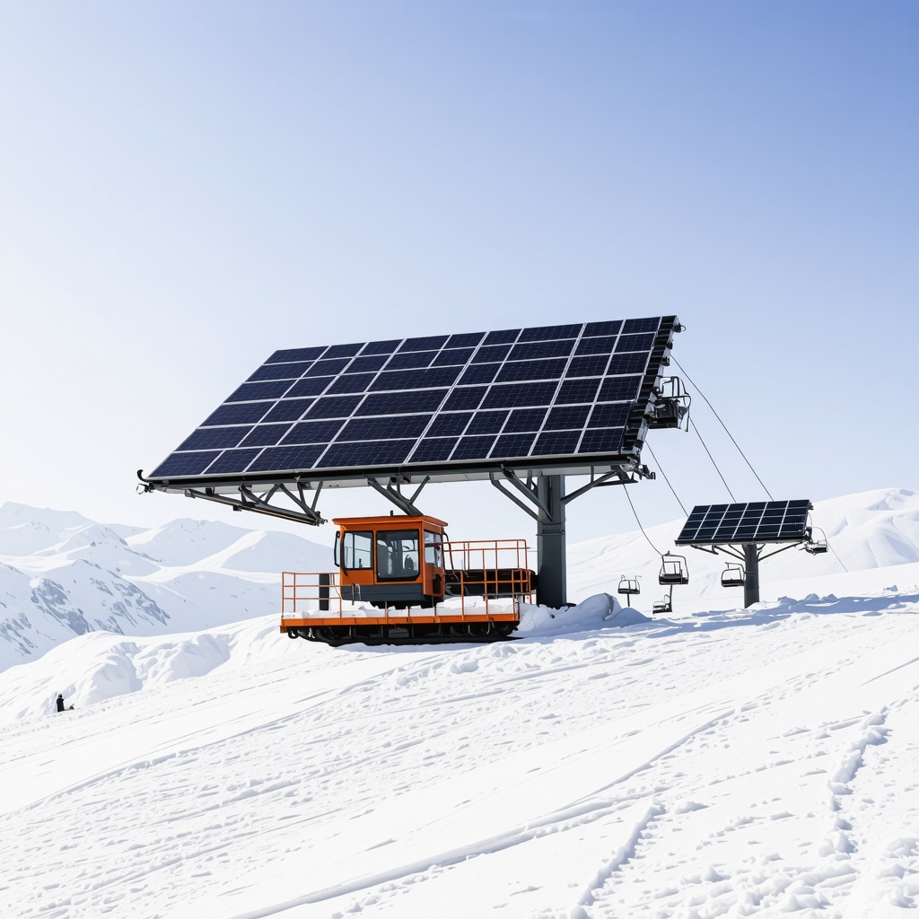 Panoramic winter scene of Bansko ski resort showing solar panels on ski lift stations with snow-covered mountains