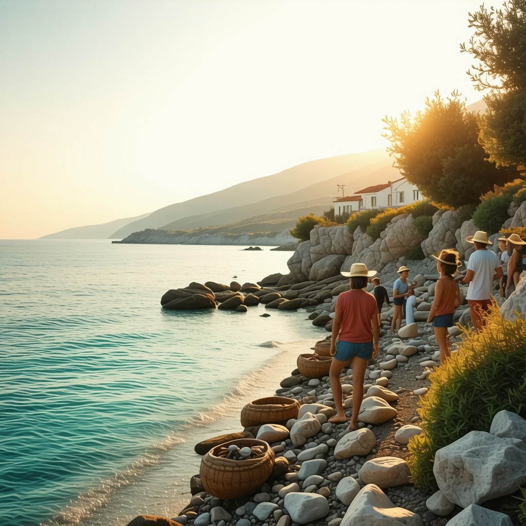 Ksamil coastal village with locals practicing sustainable tourism near Ionian Sea at sunset