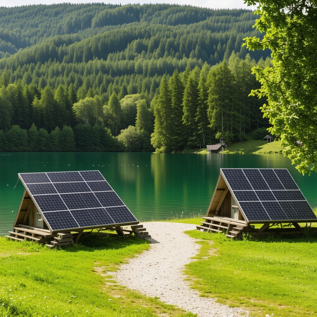 Lake Bohinj panorama with solar panels and eco-friendly campsites in alpine forest