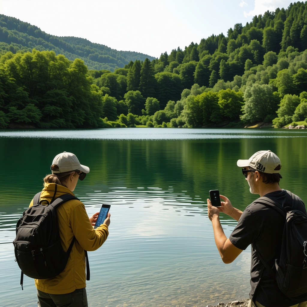 Visitors and local guides at Vrelo Bosne using smart technology to enhance sustainable tourism experience