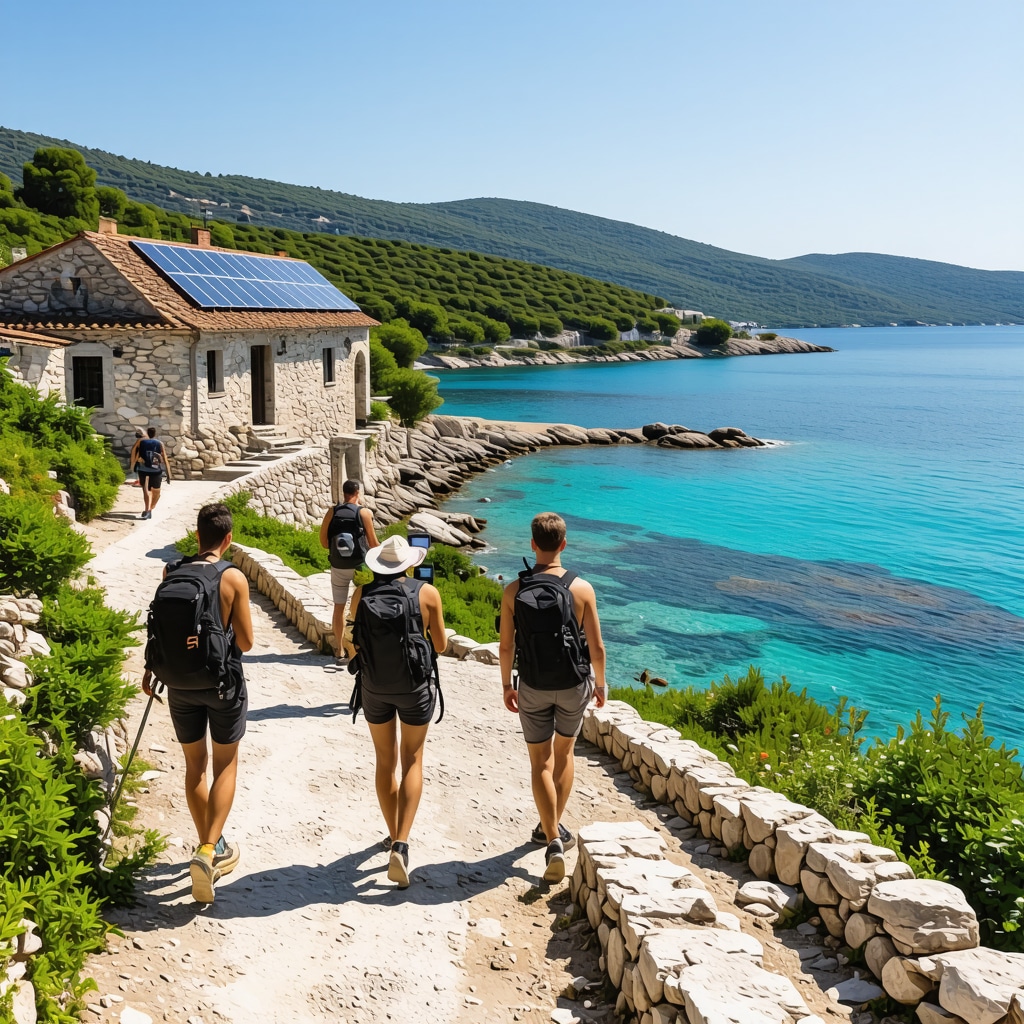 Hikers using sustainable travel app, solar panels on stone houses, and pristine beaches on Brač Island