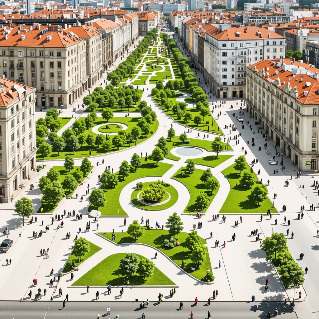 Green parks and pedestrian zones integrated with historical and modern architecture in Bucharest urban renewal project
