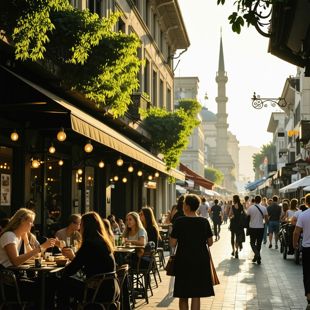 Street in Istanbul blending historical buildings with modern sustainable cafes and people enjoying local cuisine