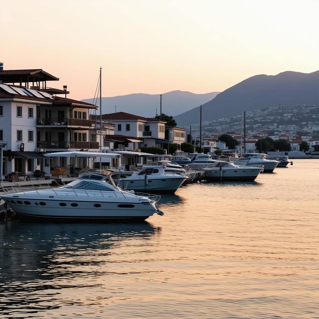 Porto Montenegro marina in Tivat with solar panels and electric boats at sunset