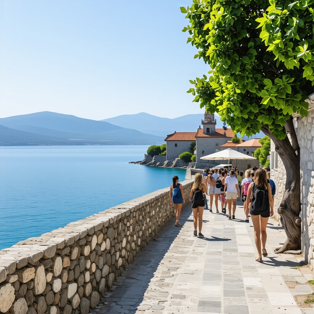 Tourists exploring Tivat coastal area with traditional buildings and nature trails, emphasizing sustainable tourism