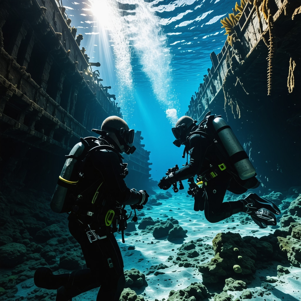Technical diver in advanced gear exploring underwater WWII shipwreck with marine life near Vis