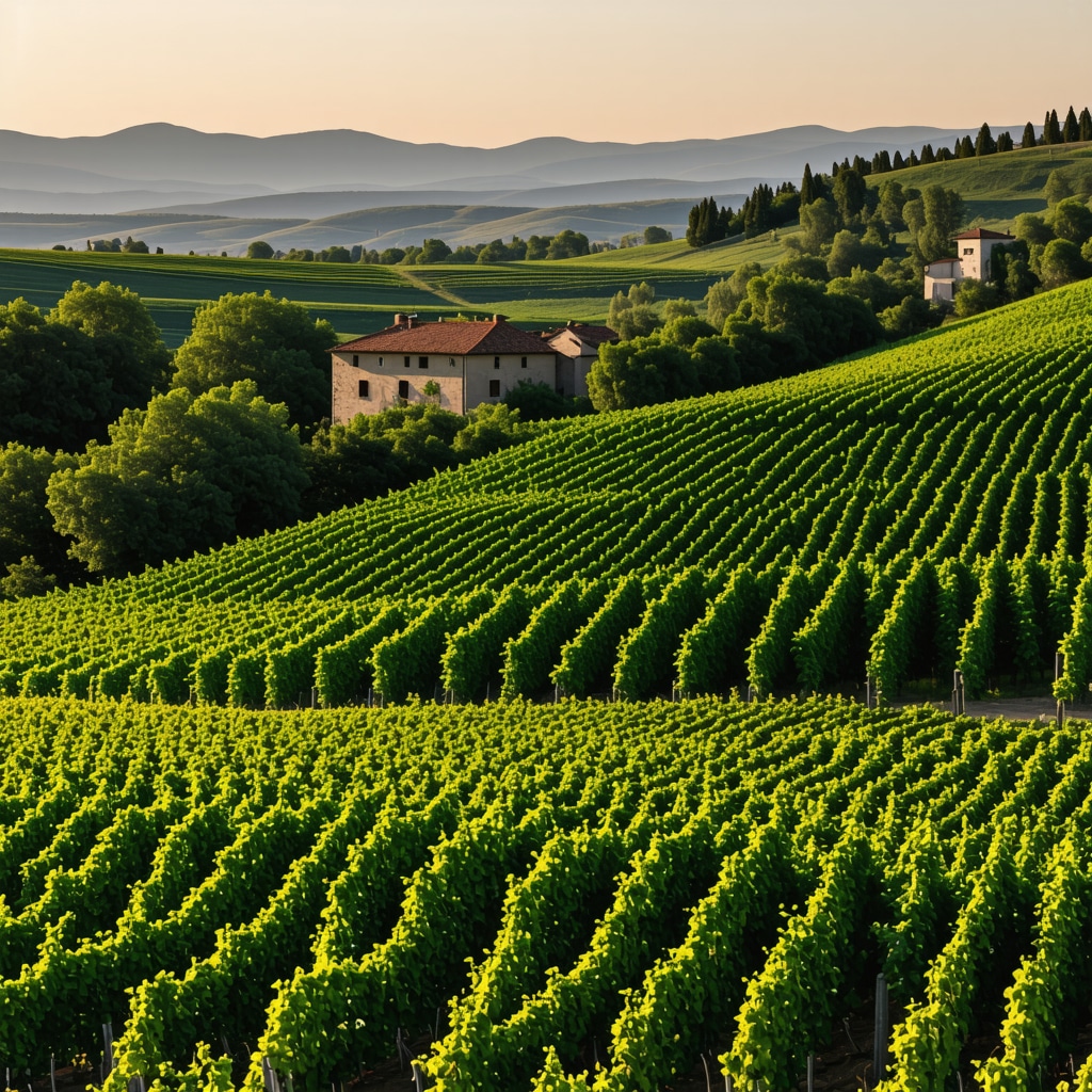 Sunlit rolling hills of Tikveš vineyards with Macedonian winery and diverse grape varieties illustrating terroir and sustainable practices