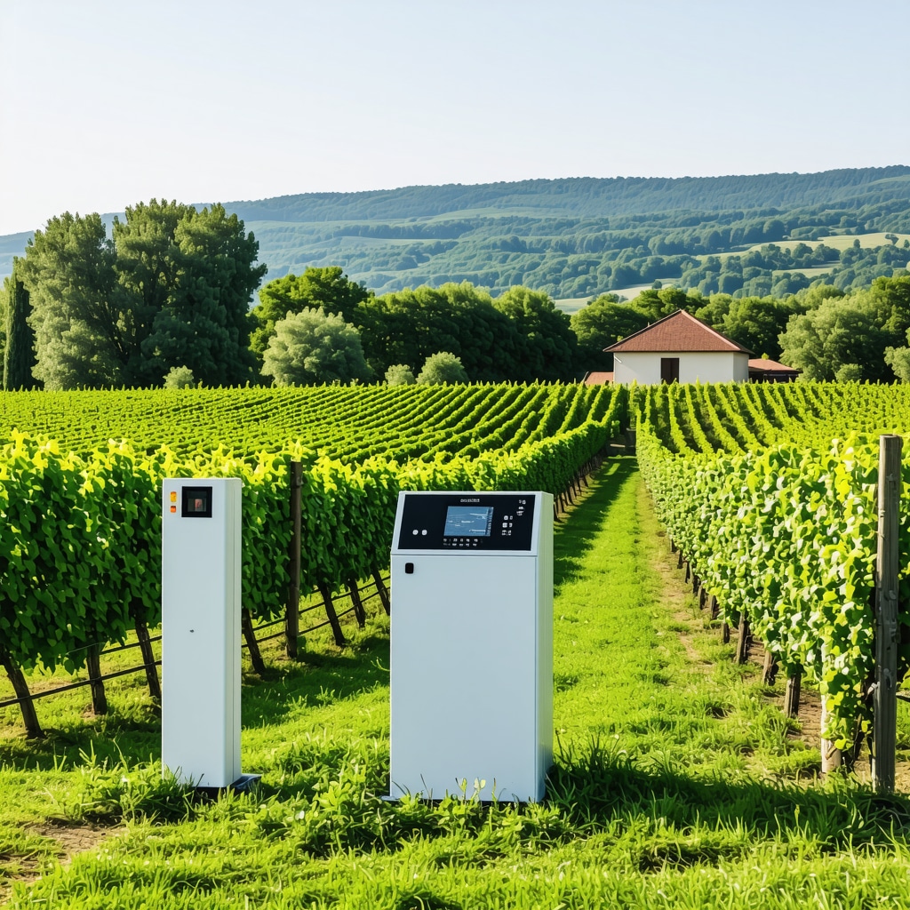 Vineyard in Tikveš showing modern sensors and traditional wine cellar