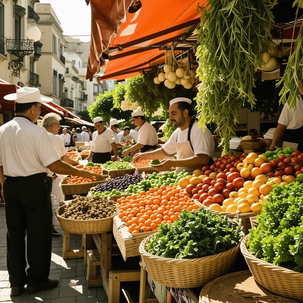 Vibrant Tirana street market with fresh local produce and chefs selecting ingredients influenced by microclimate