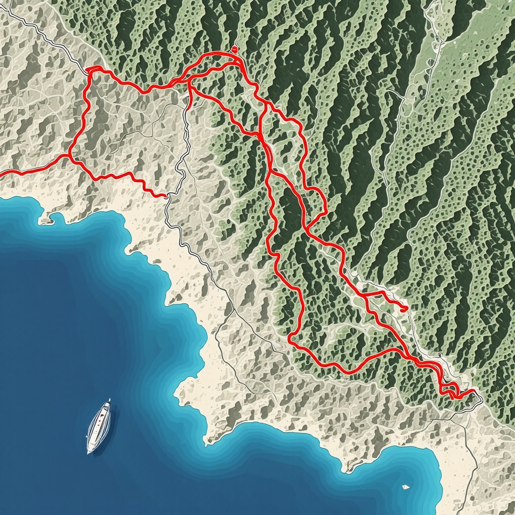 Topographic map highlighting hiking trails and protected ecological zones on Lastovo Island