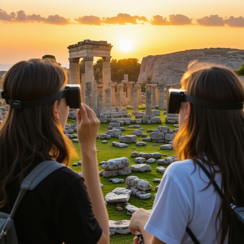 Tourists wearing augmented reality glasses viewing 3D reconstructions of Apollonia ruins at sunset