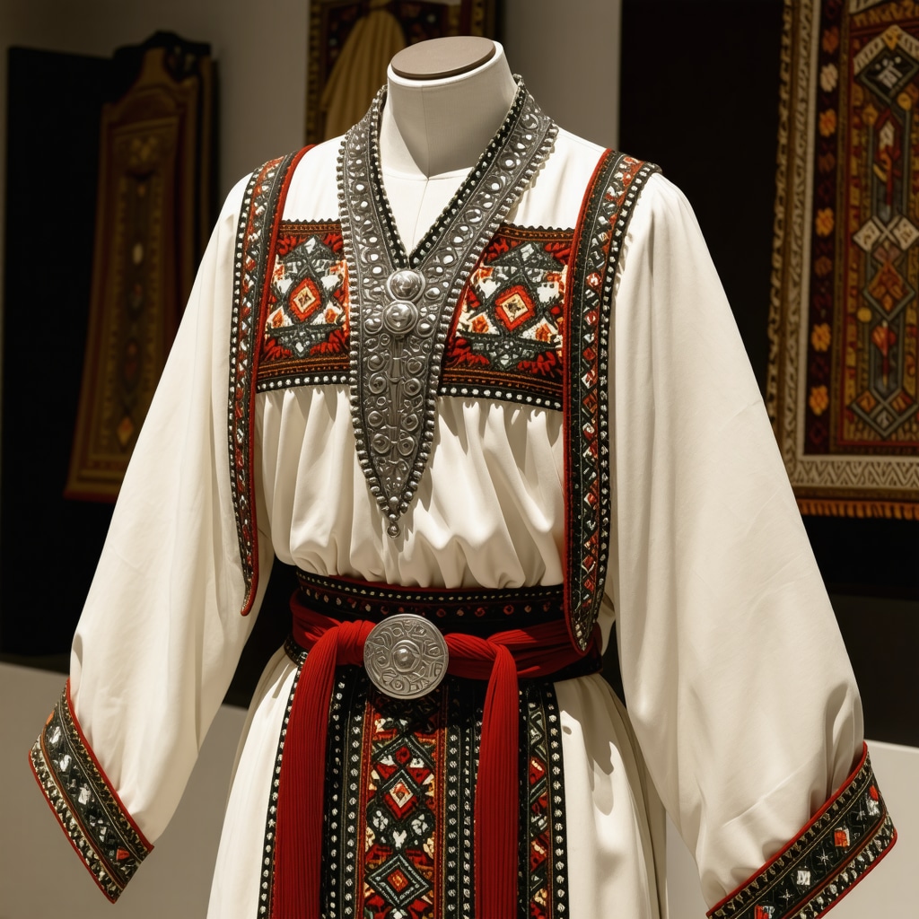 Close-up of a traditional Albanian costume from Korçë featuring detailed embroidery and silver jewelry in a museum display
