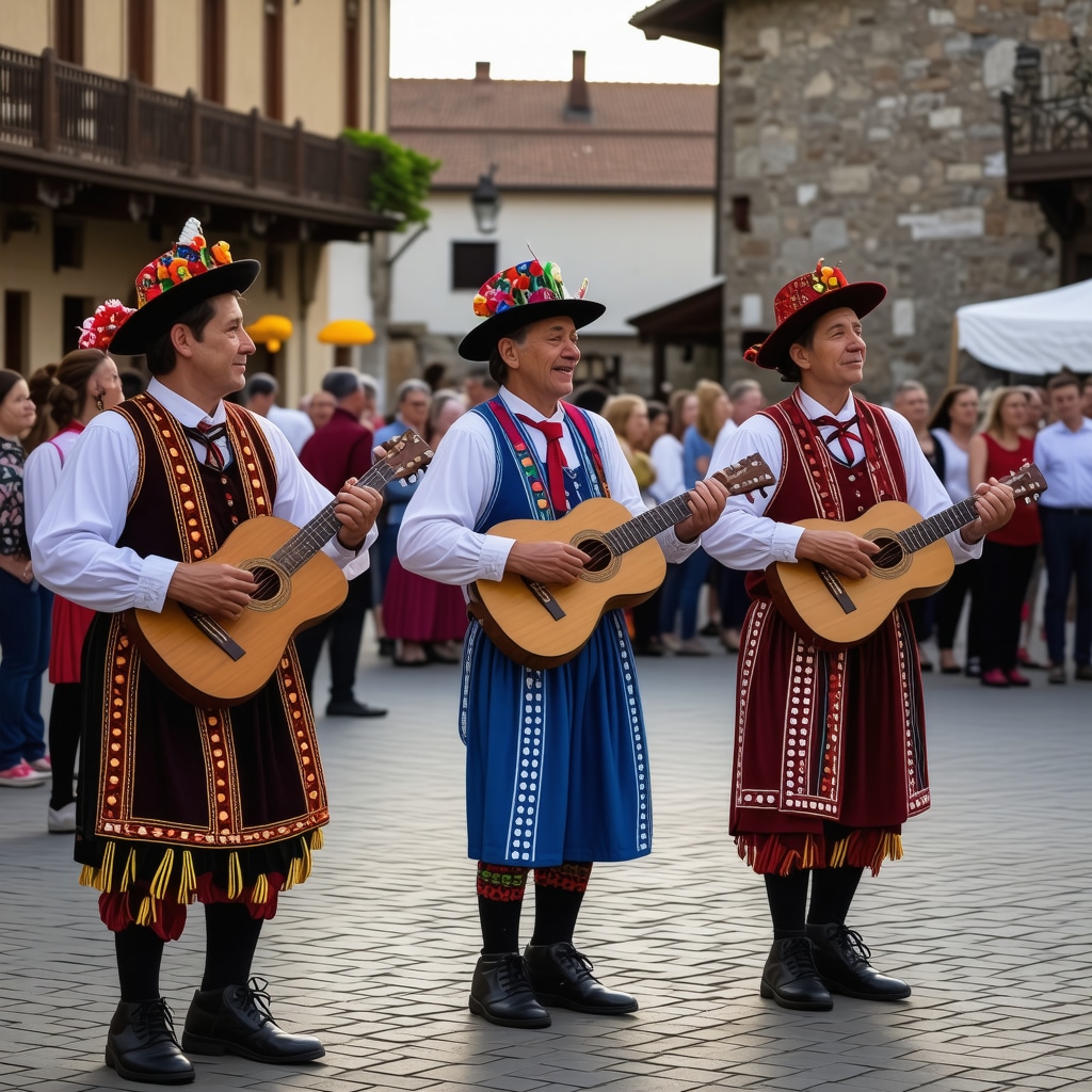 Musicians and singers in traditional Balkan folk costumes performing in Kičevo town square at sunset.