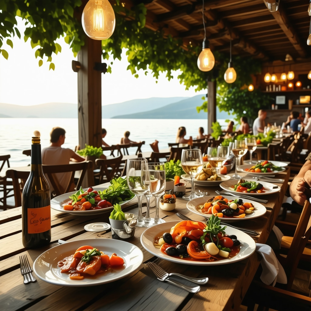 Cozy tavern in Bar Montenegro with seafood dishes and locals dining